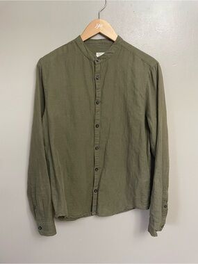 SMOG Men’s Small button up banded collar linen Slim Fit green linen beach